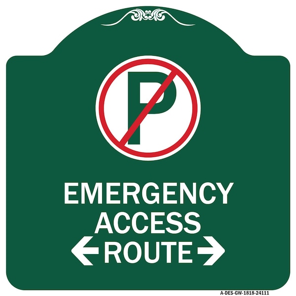 Emergency Access Route W/ Bidirectional Arrow, Green & White Aluminum Sign, 18" x 18", GW-1818-24111